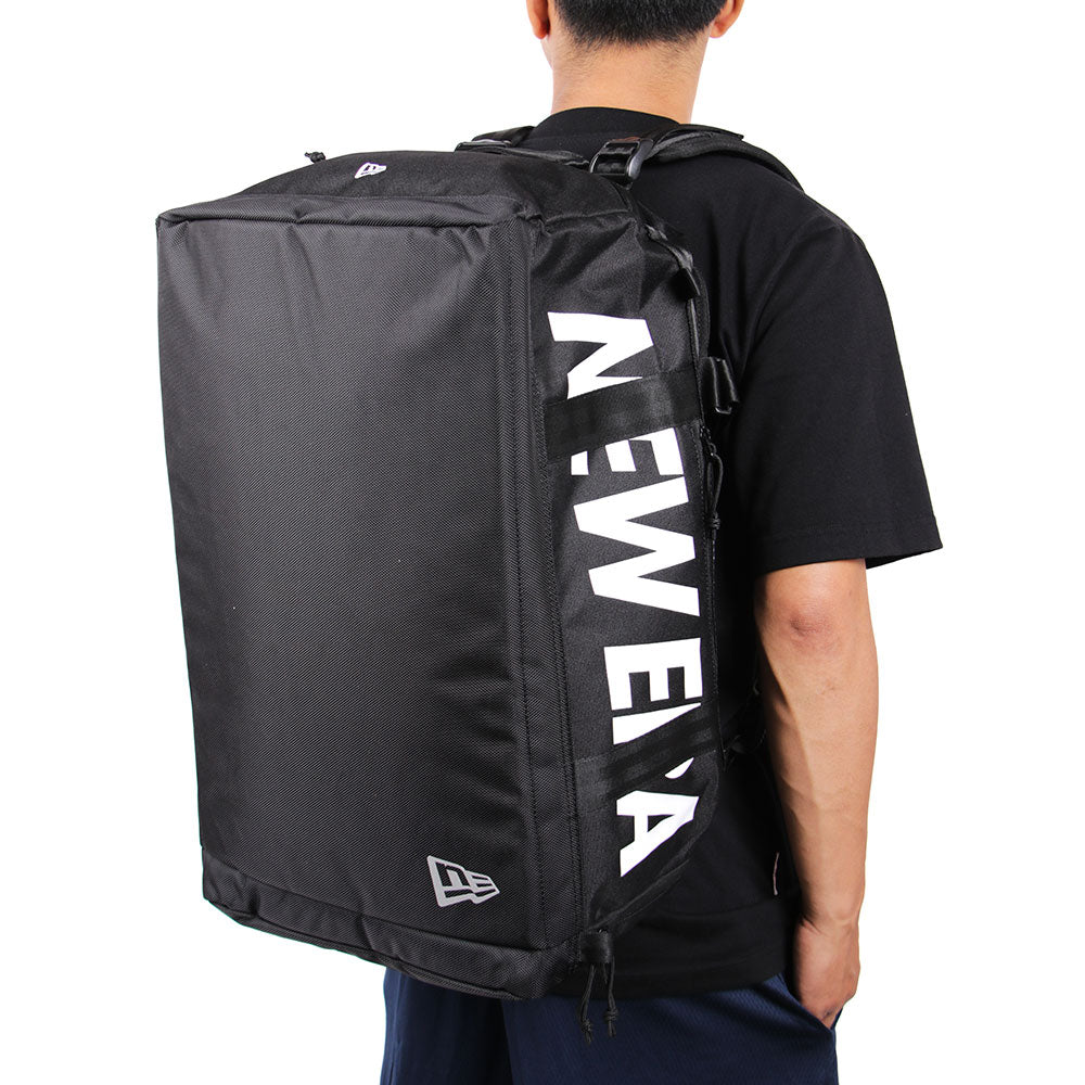 wordmark black white club duffle bag back