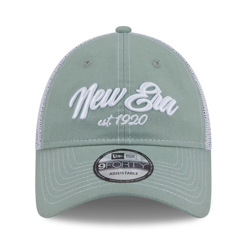 new era script resort ss26 everest green white 9forty unstructured trucker cap opposite