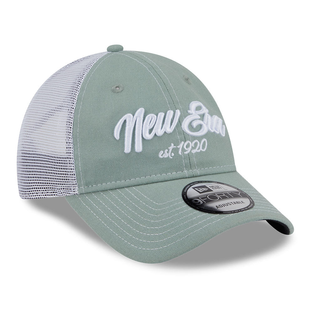 new era script resort ss26 everest green white 9forty unstructured trucker cap logo and print