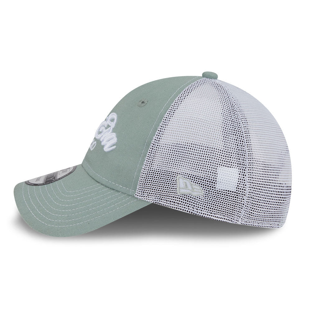 new era script resort ss26 everest green white 9forty unstructured trucker cap side
