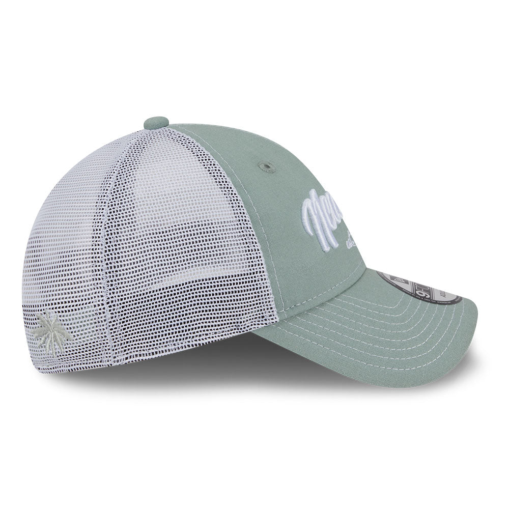 new era script resort ss26 everest green white 9forty unstructured trucker cap opposite side or other angle view