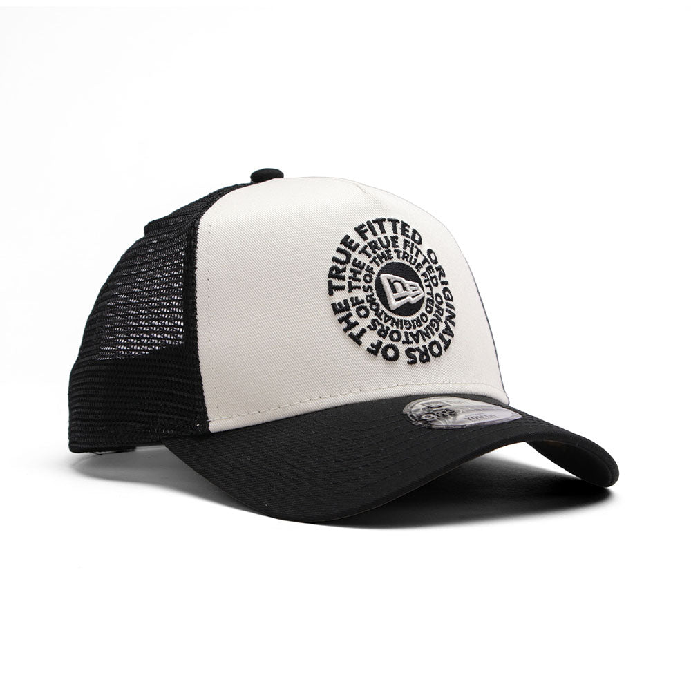new era circle originators of the true fitted white black youth 9forty a frame trucker cap logo and print