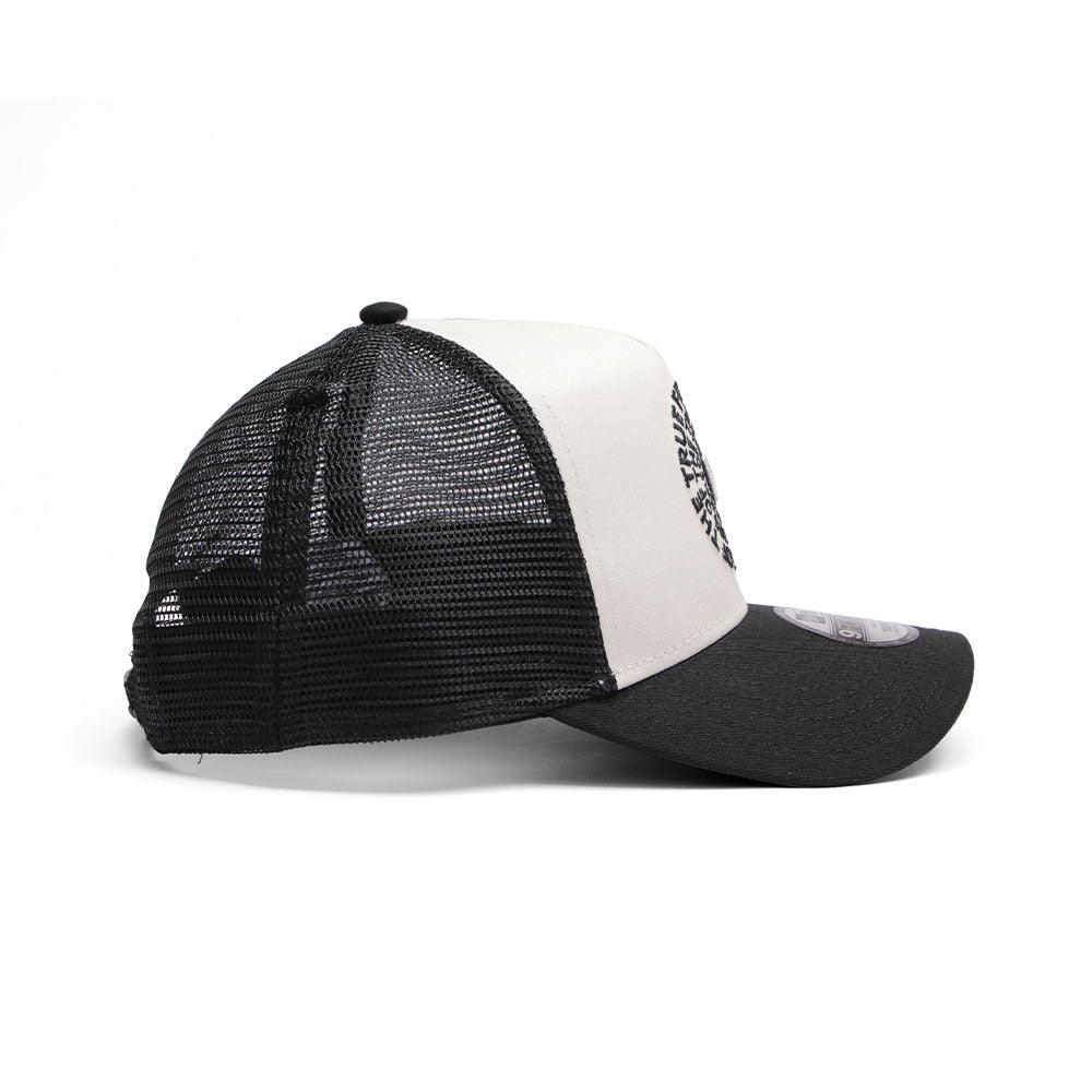 new era circle originators of the true fitted white black youth 9forty a frame trucker cap opposite side angle