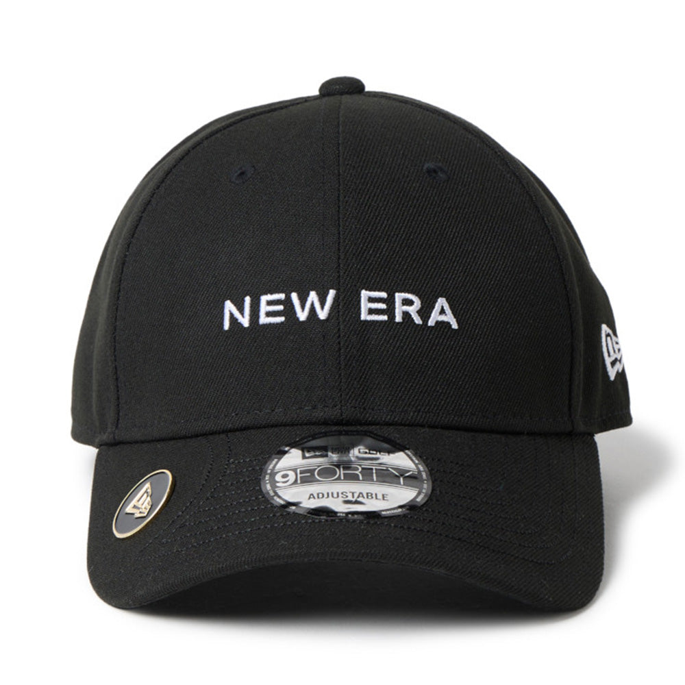 new era wordmark golf black 9forty velcro strap adjustable cap front view