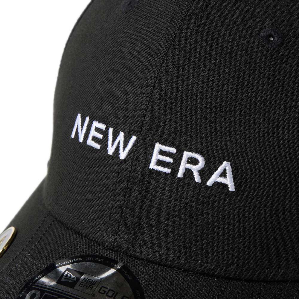 new era wordmark golf black 9forty velcro strap adjustable cap close-up front view