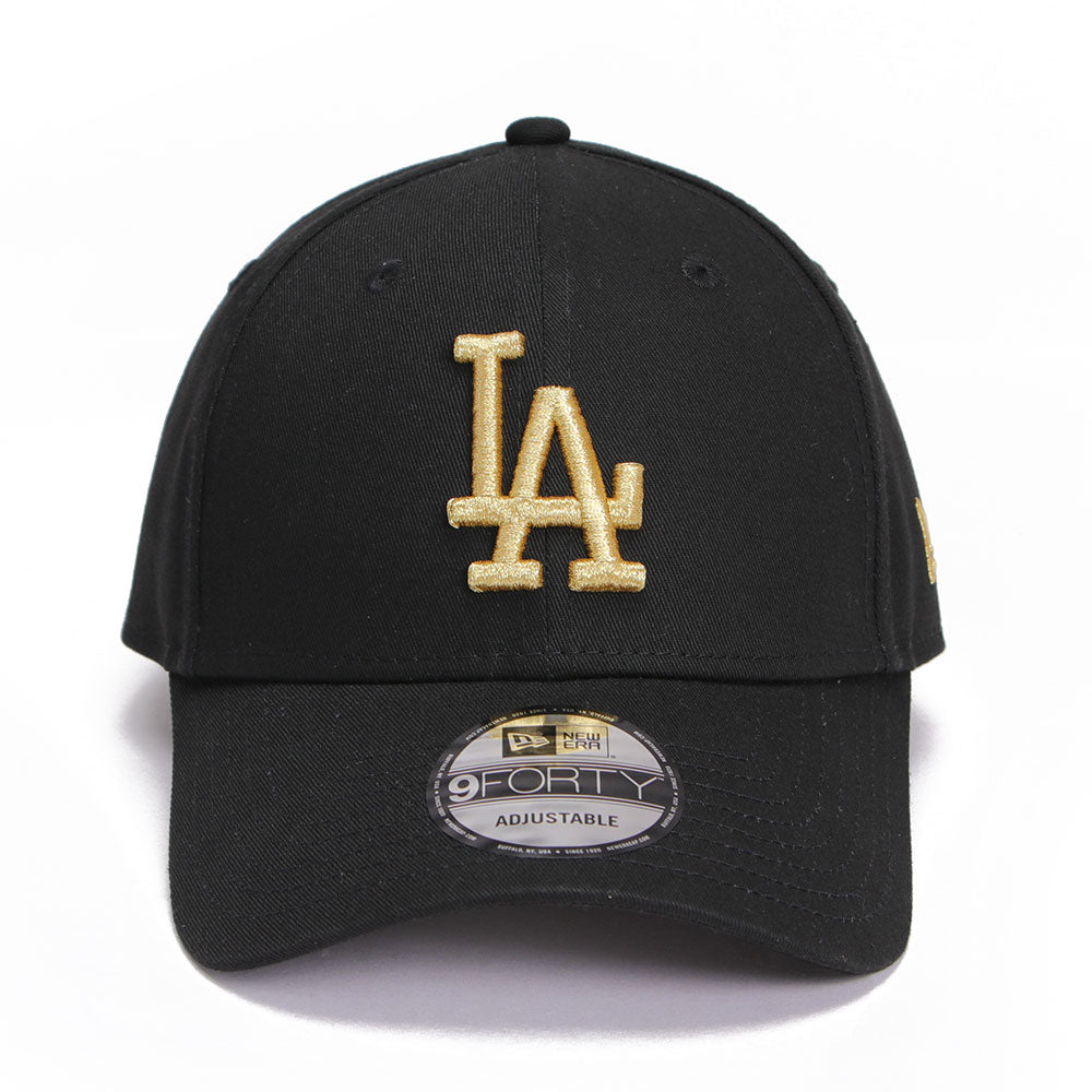 new era los angeles dodgers essential black gold 9forty adjustable cap front and side