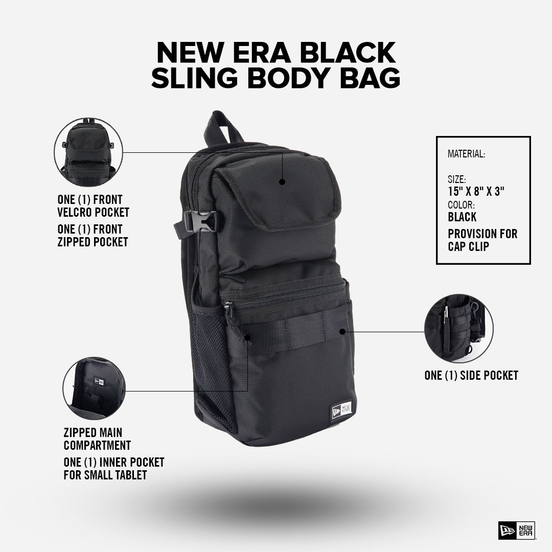 box logo black sling body bag tag and close up