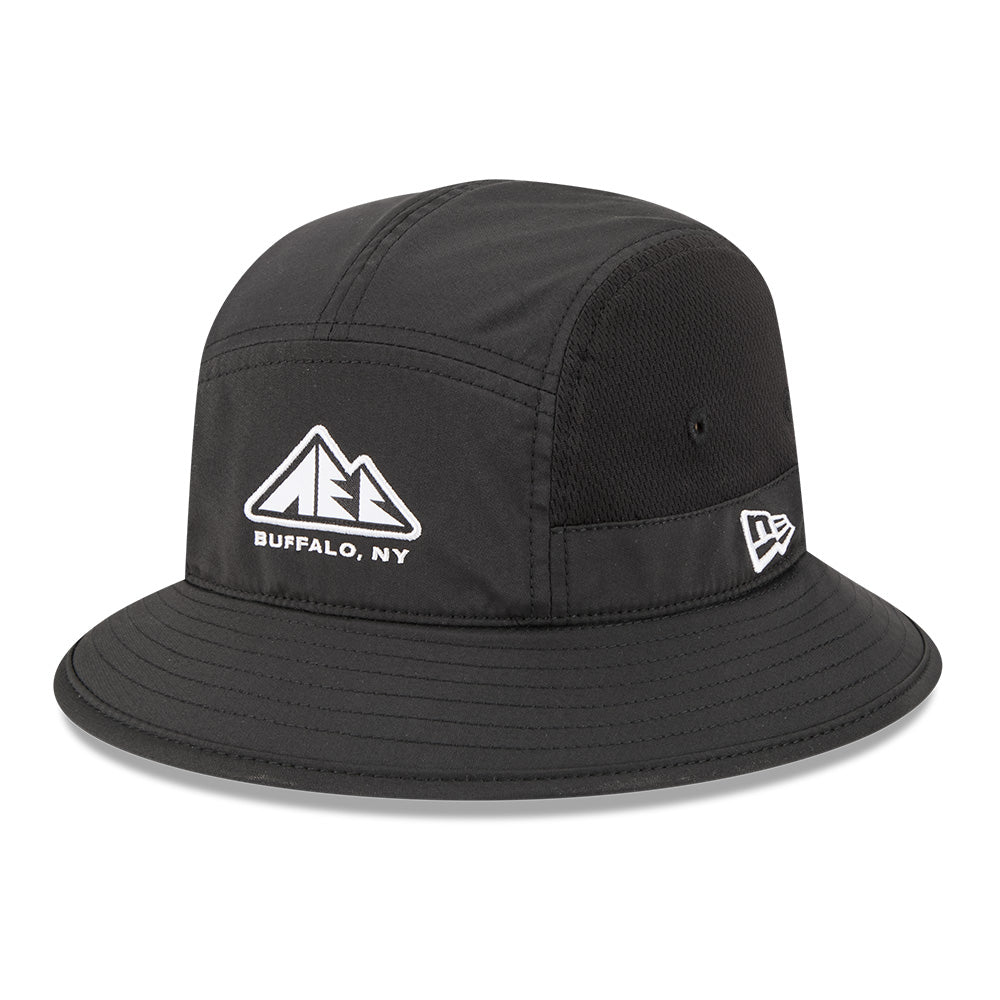 new era outdoor mountain logo black sports bucket hat side angle