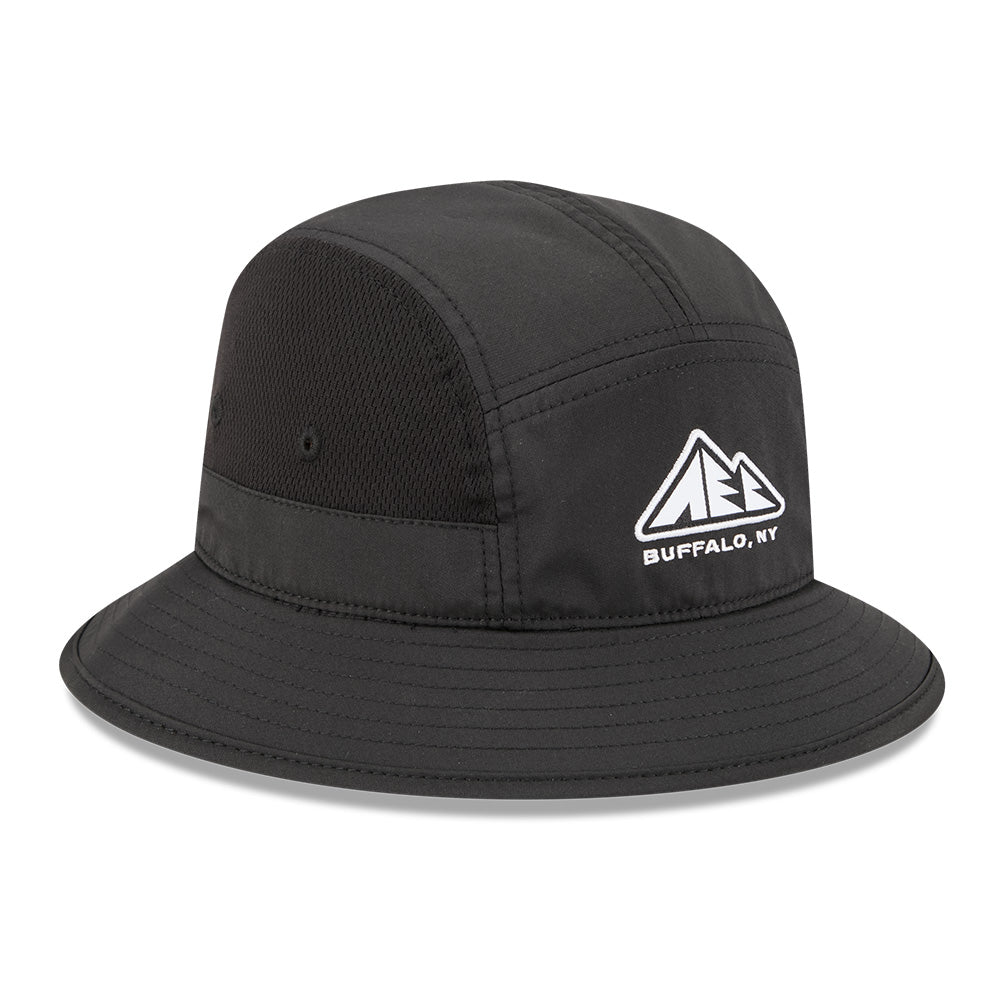 new era outdoor mountain logo black sports bucket hat left side