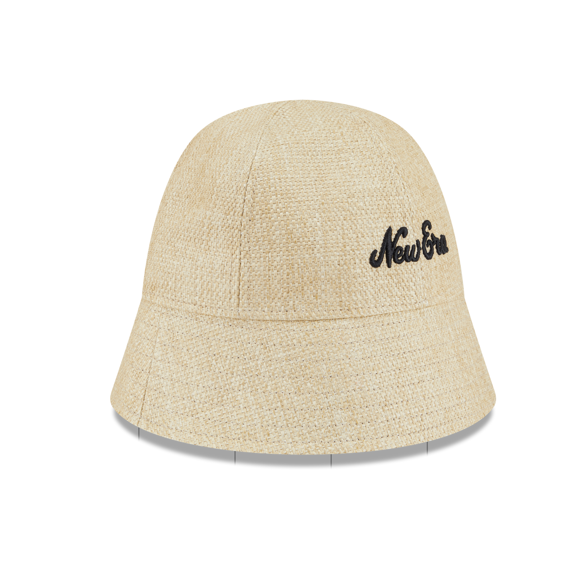 A beige woven bucket hat with black cursive 'New Era' embroidery on the side, displayed on a white background.