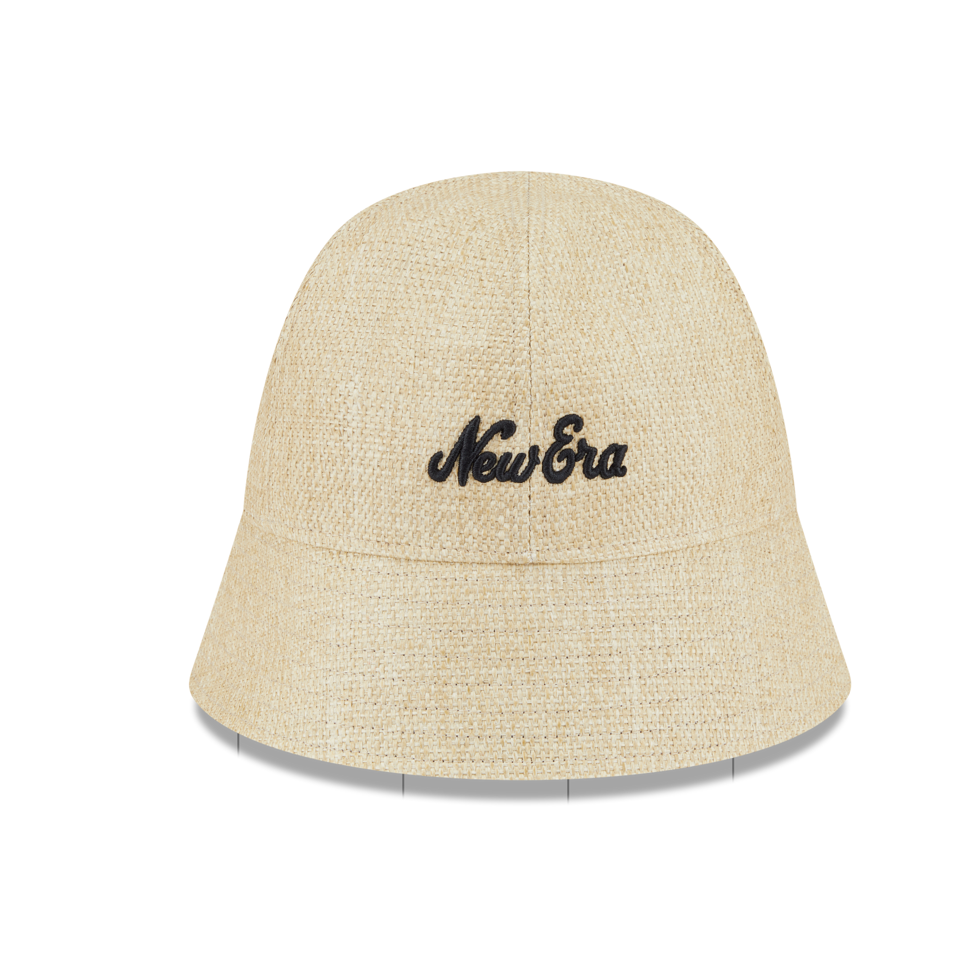 A light beige woven bucket hat with 'New Era' embroidered in black script on the front, displayed on a clean white background.