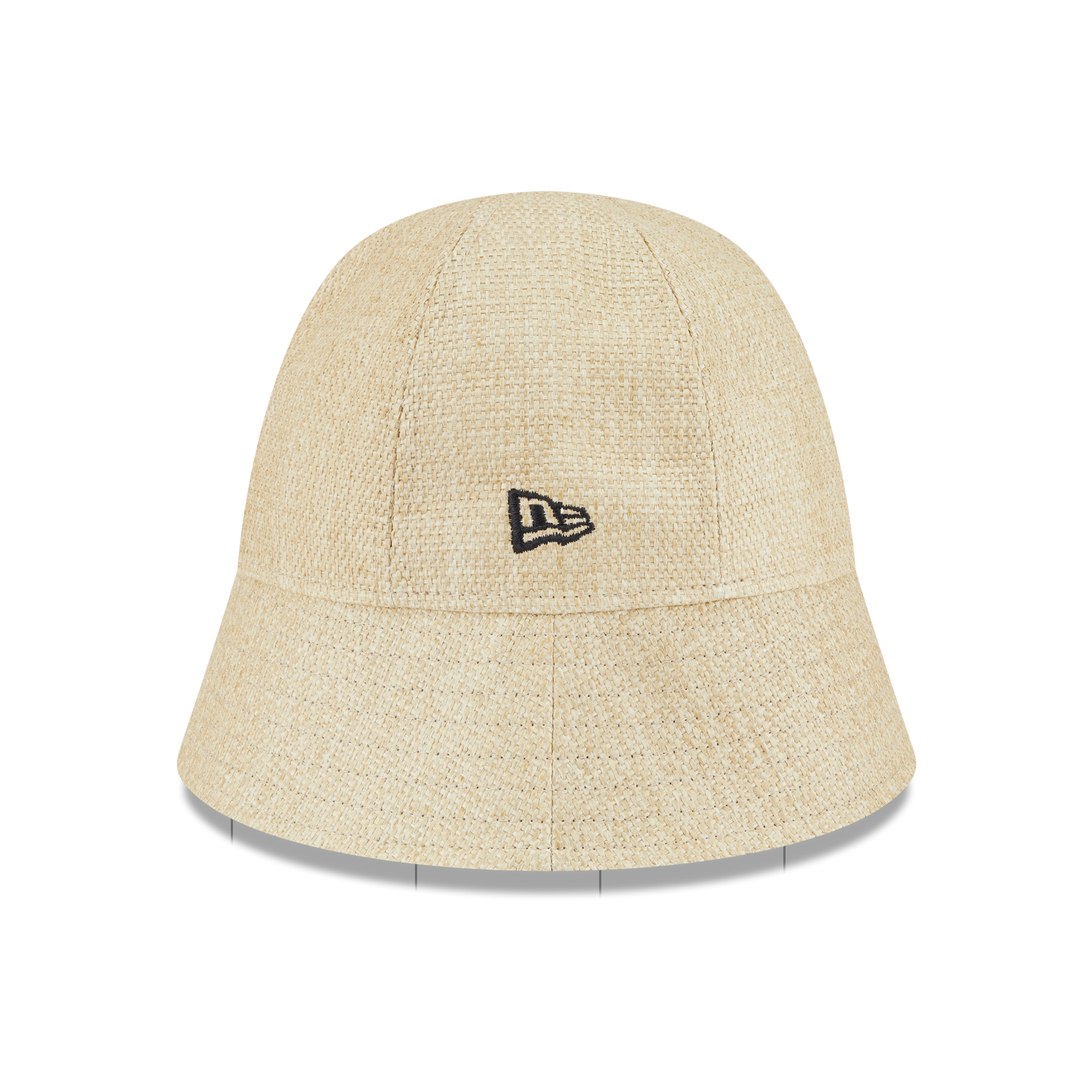 A beige woven bucket hat with a black embroidered New Era logo on the front, displayed on a white background.