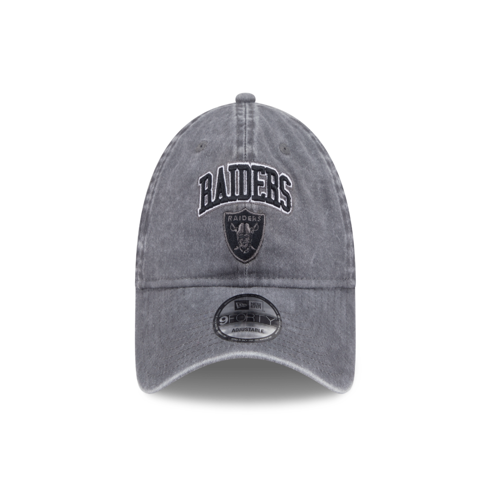 A gray washed baseball cap featuring an embroidered black and white 'BAIDERS' logo with the Oakland Raiders shield underneath, and a New Era 9FIFTY sticker on the brim.