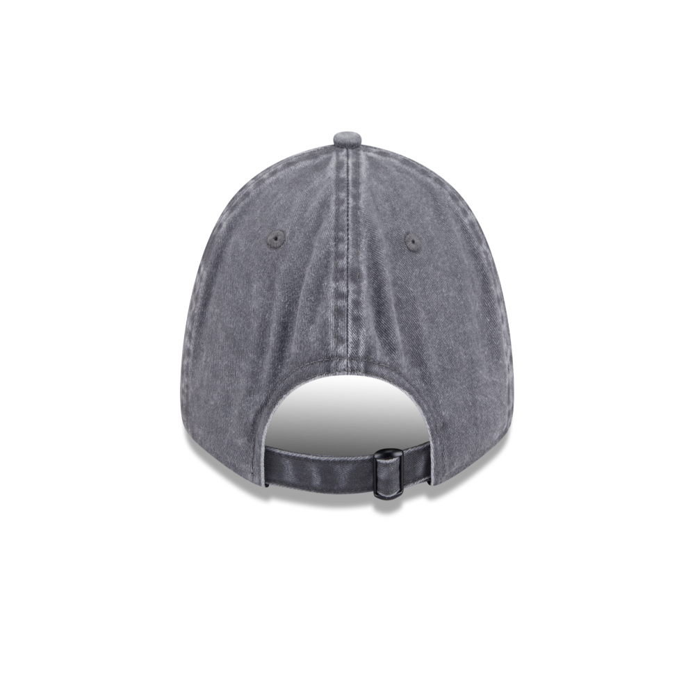 A washed gray baseball cap shown from the back, featuring a curved back strap with a black plastic toggle, set against a plain white background.