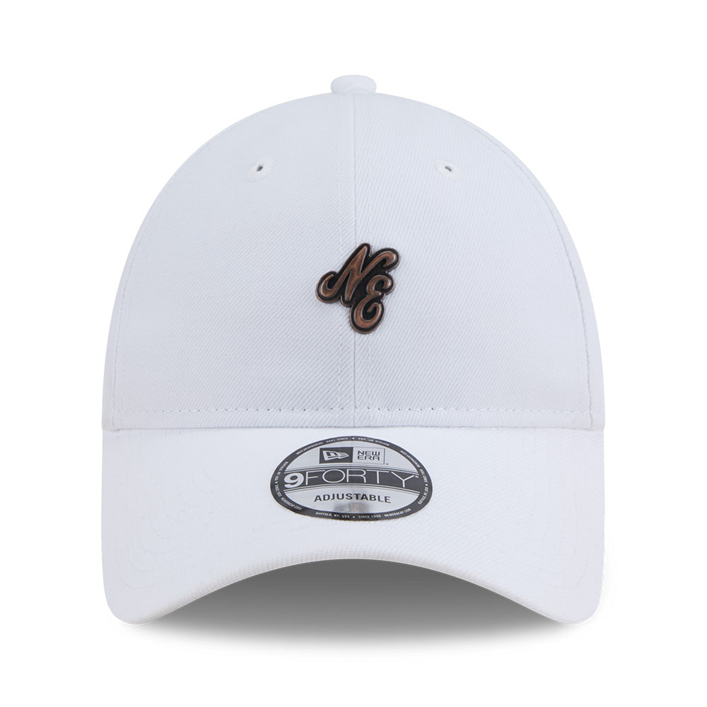 new era ne script metal bronze badge white 9forty unstructured adjustable cap logo and print
