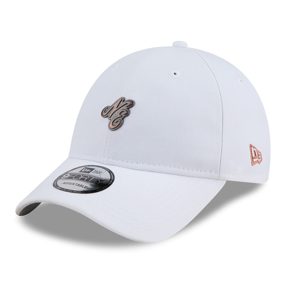 new era ne script metal bronze badge white 9forty unstructured adjustable cap side