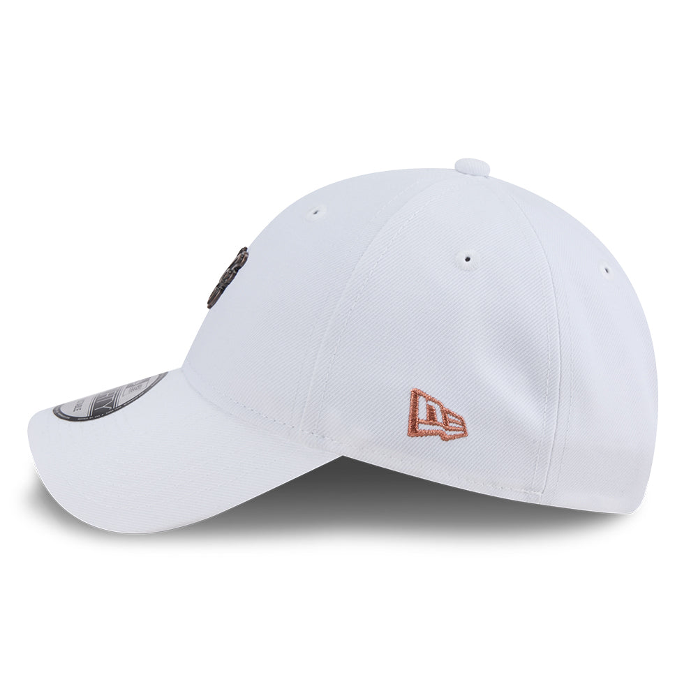 new era ne script metal bronze badge white 9forty unstructured adjustable cap opposite side or other angle view