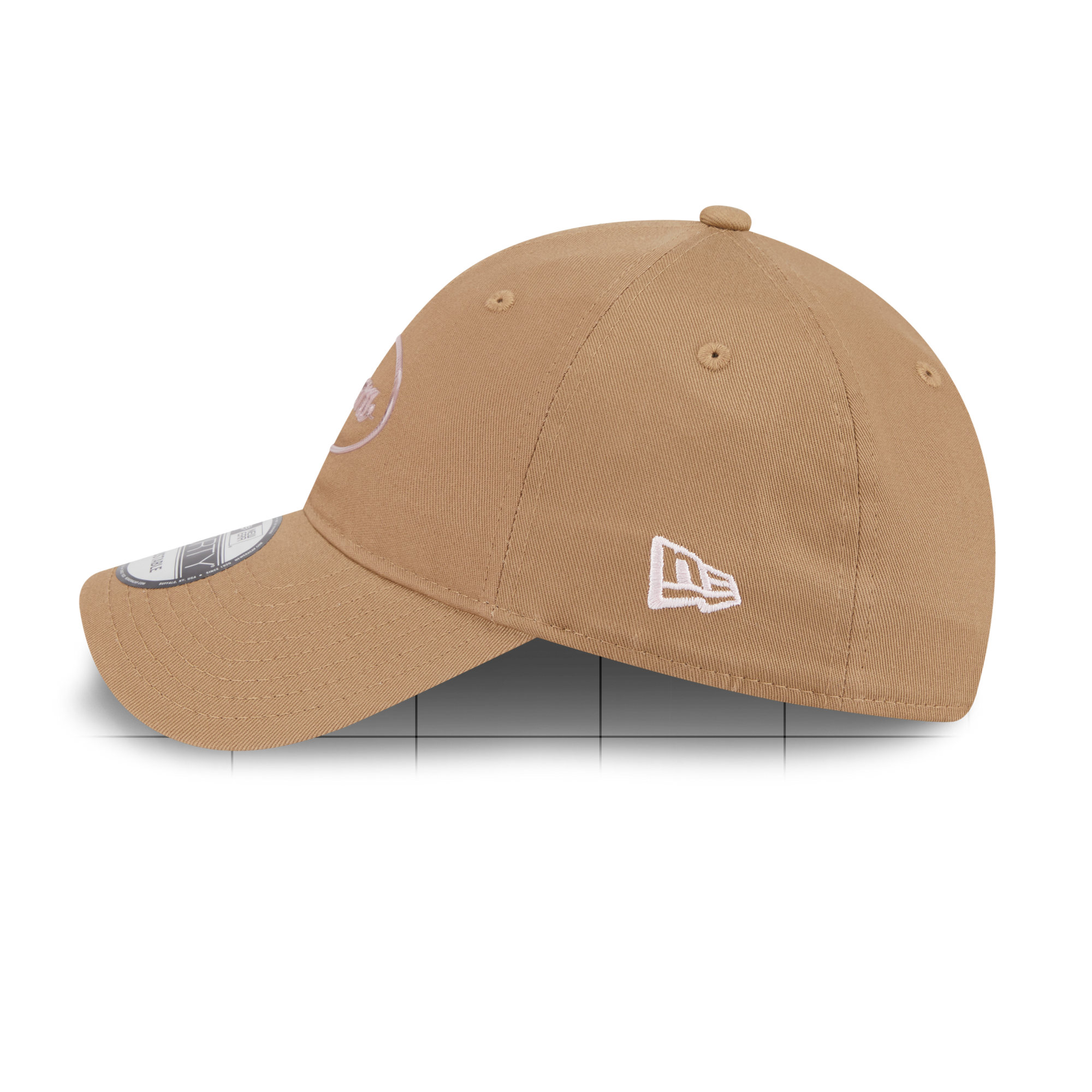 A tan New Era 9FORTY adjustable baseball cap shown from a side profile view against a white background.