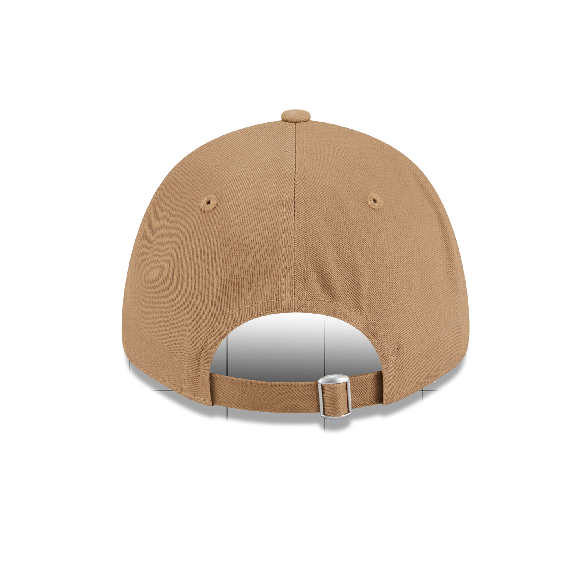 Back view of a classic six-panel baseball cap in a warm tan color, featuring an adjustable hook-and-loop strap with a silver metal buckle, shown on a white background.