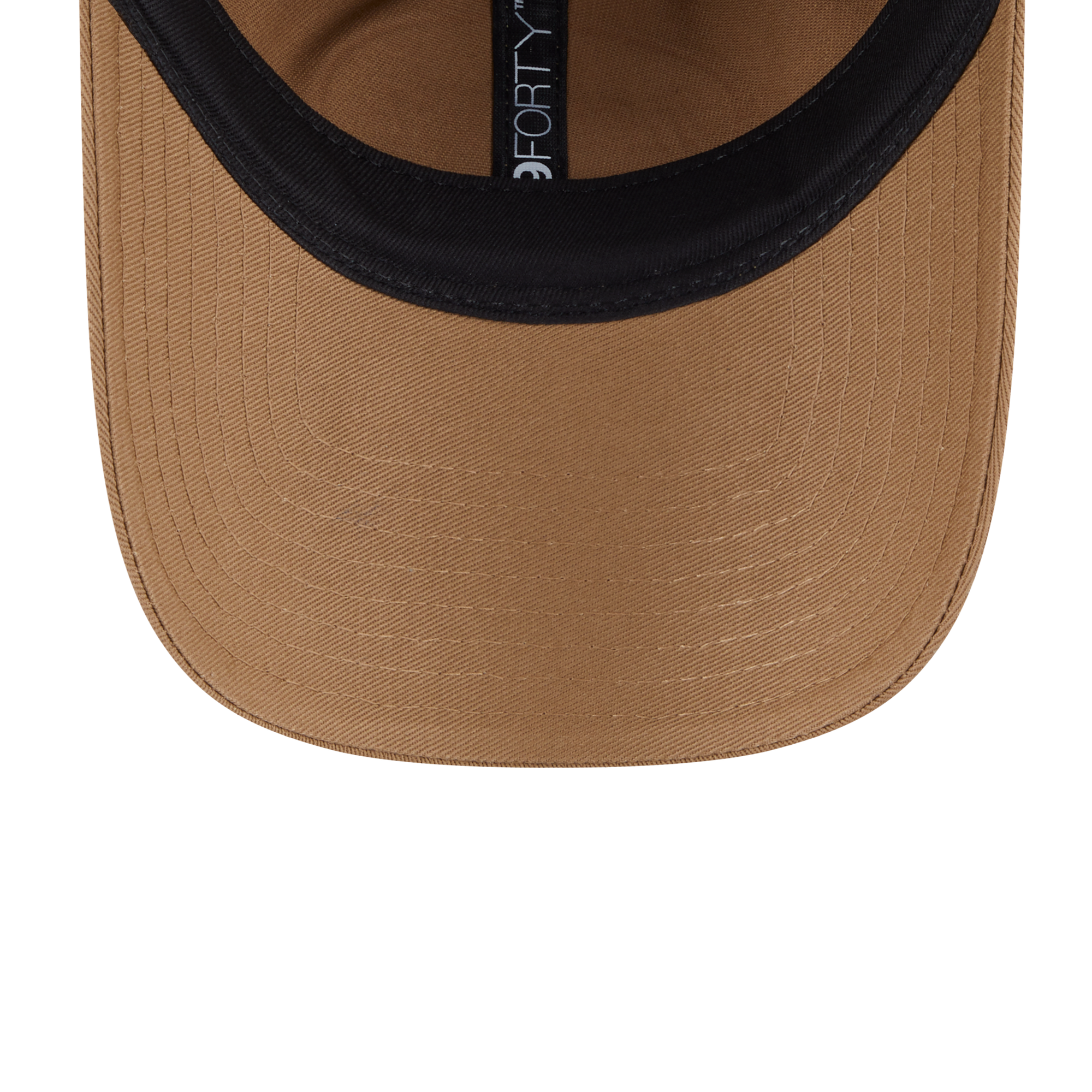 Close-up of the front of a tan baseball cap with a black curved brim edge and a black interior label reading EORTY.