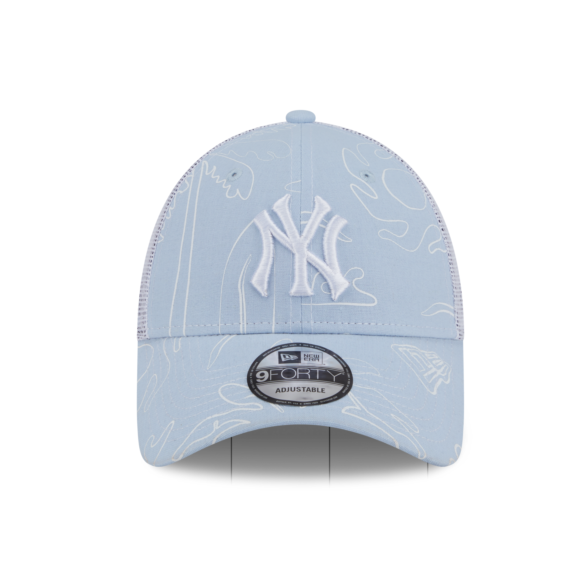 A light blue New York Yankees 9FORTY trucker hat with white embroidered details, shown on a white background.