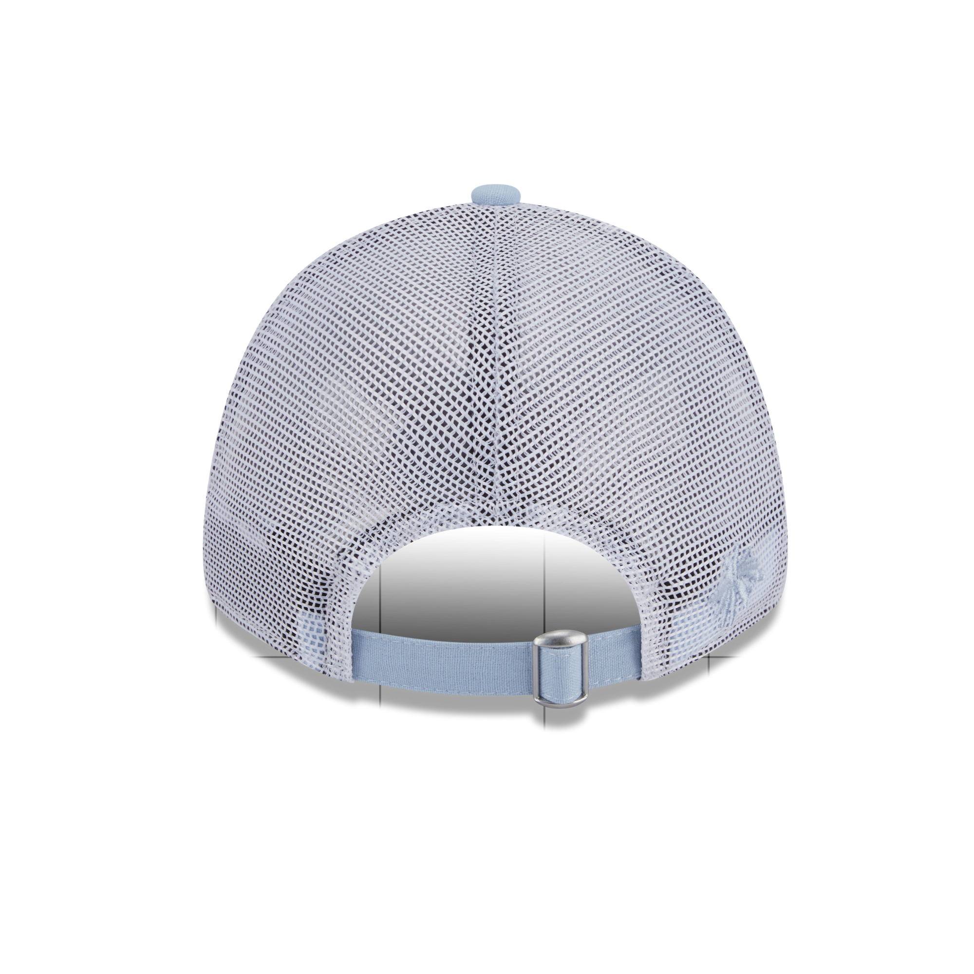 The back view of a light blue mesh baseball cap with an adjustable strap and silver buckle, isolated on a white background.