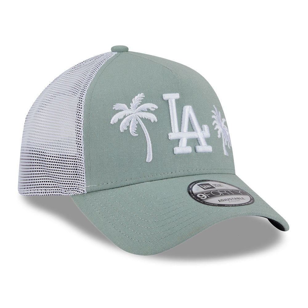 new era los angeles dodgers resort ss26 everest green white 9forty e frame trucker cap logo and print