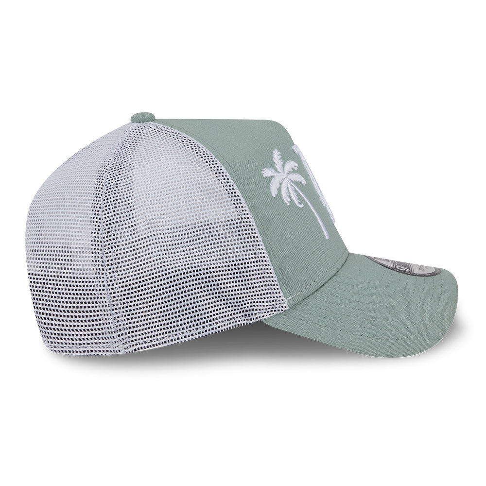 new era los angeles dodgers resort ss26 everest green white 9forty e frame trucker cap opposite side or other angle view