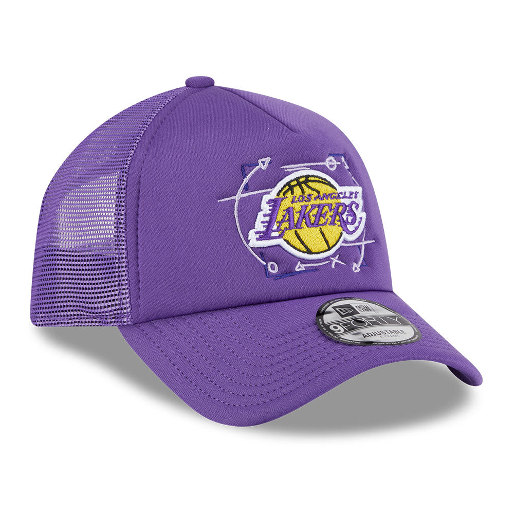 new era los angeles lakers nba street game purple 9forty a frame trucker snapback cap logo and print