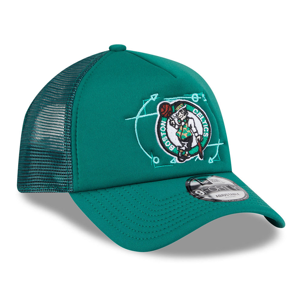 new era boston celtics nba street game dark green 9forty a frame trucker snapback cap logo and print