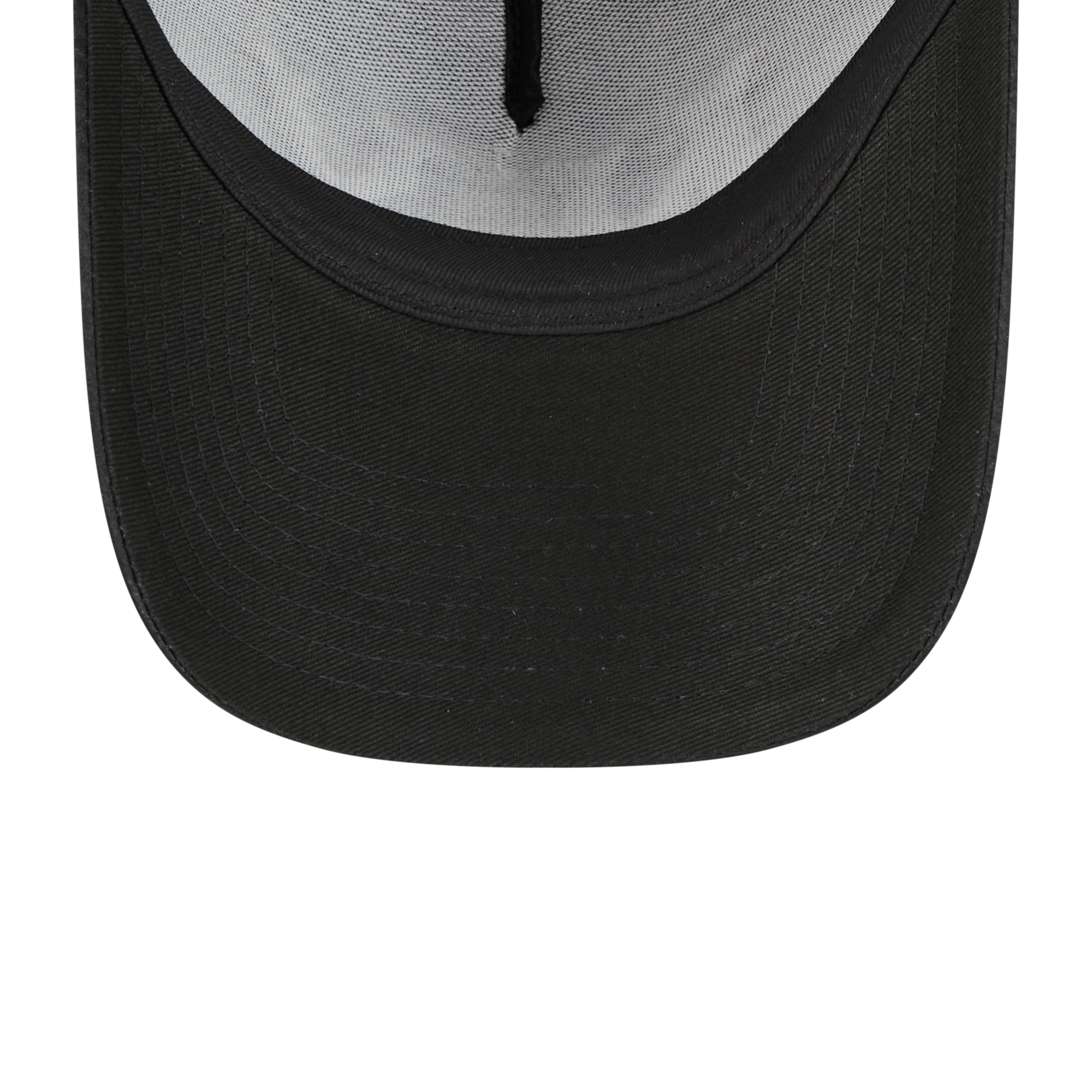 Close-up of the front of a baseball cap showing a black curved brim, black front panel stitching, and a light gray mesh back.