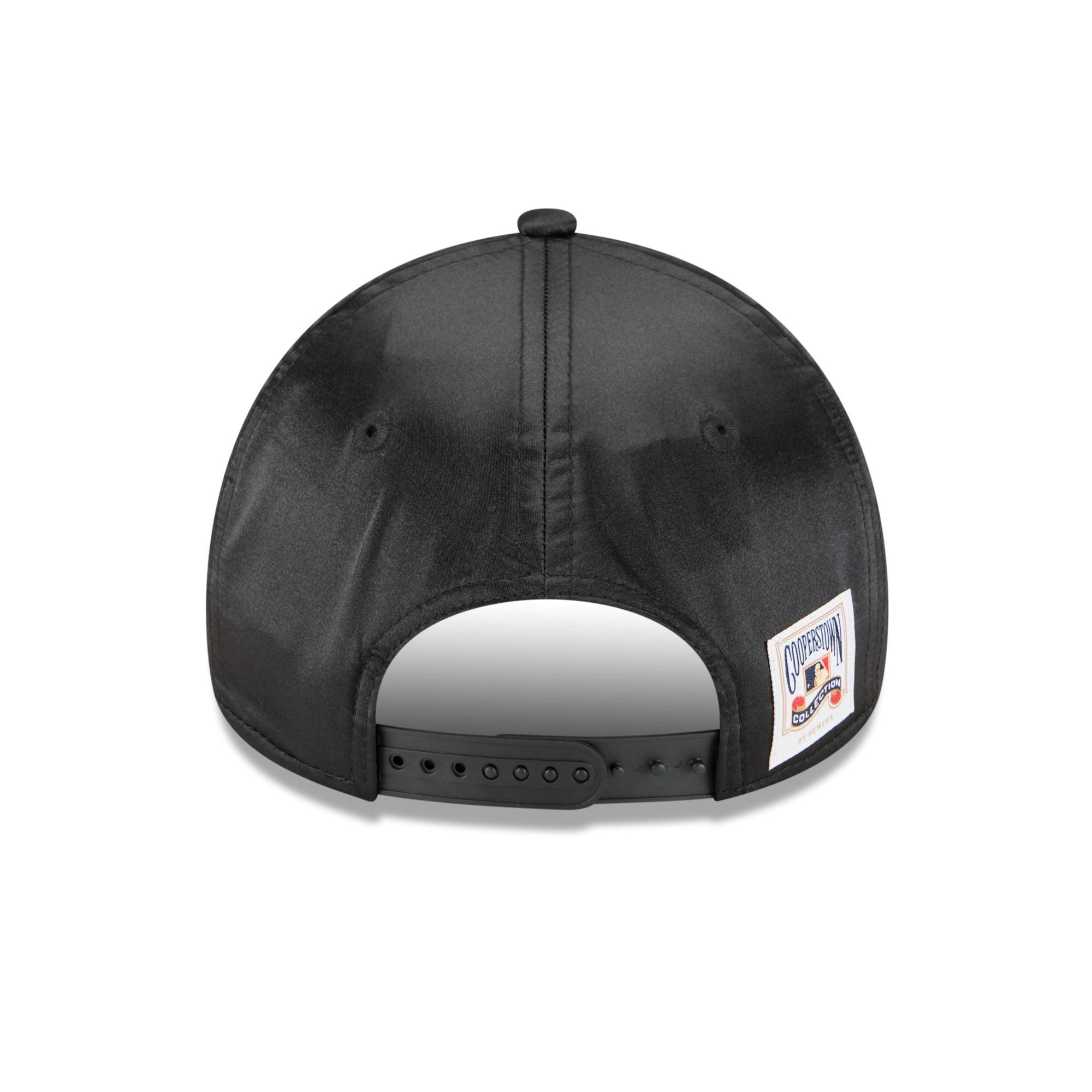 The back view of a black snapback cap featuring a white rectangular patch on the side with the New Era logo.