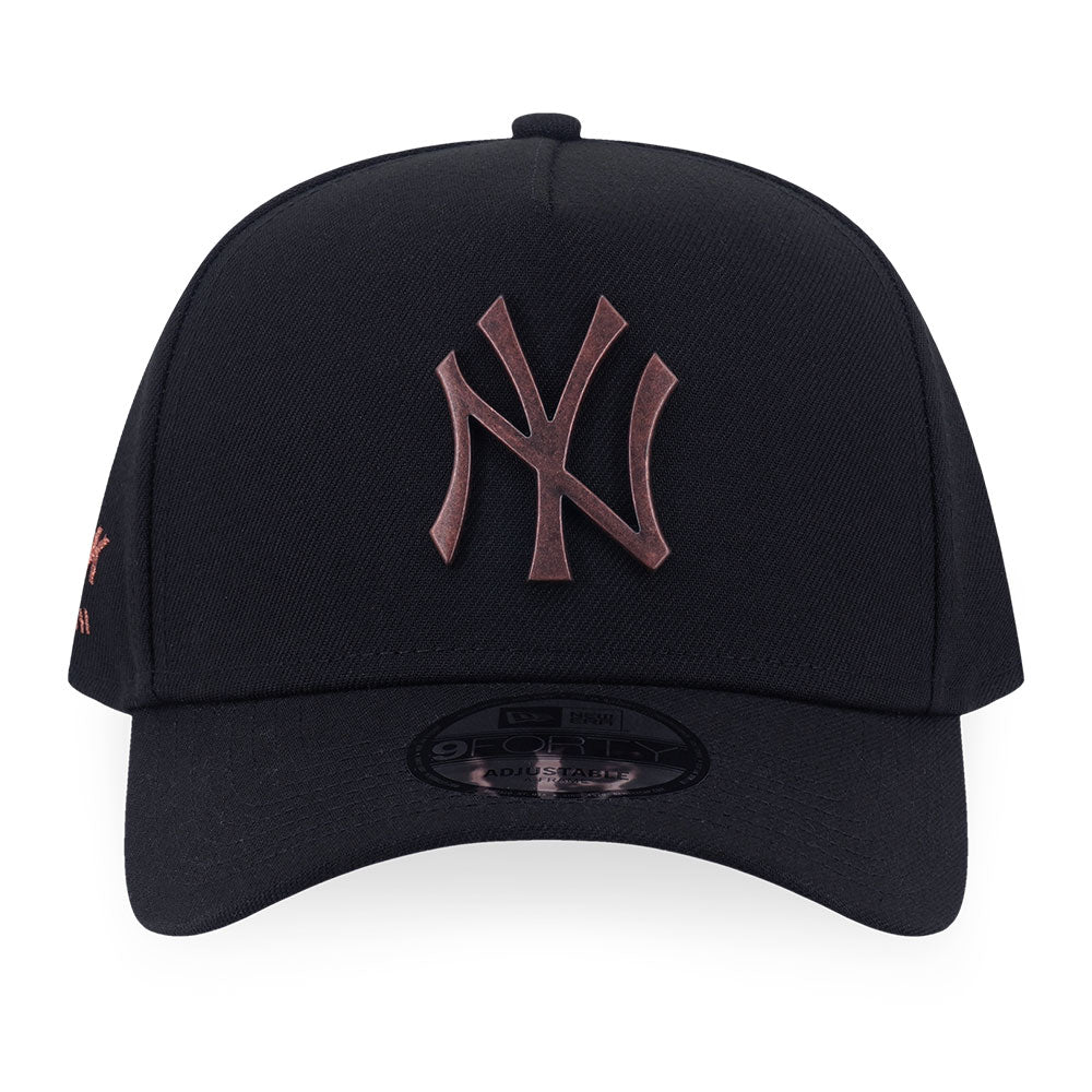 new era new york yankees metal badge bronze green black 9forty a frame adjustable cap front and side