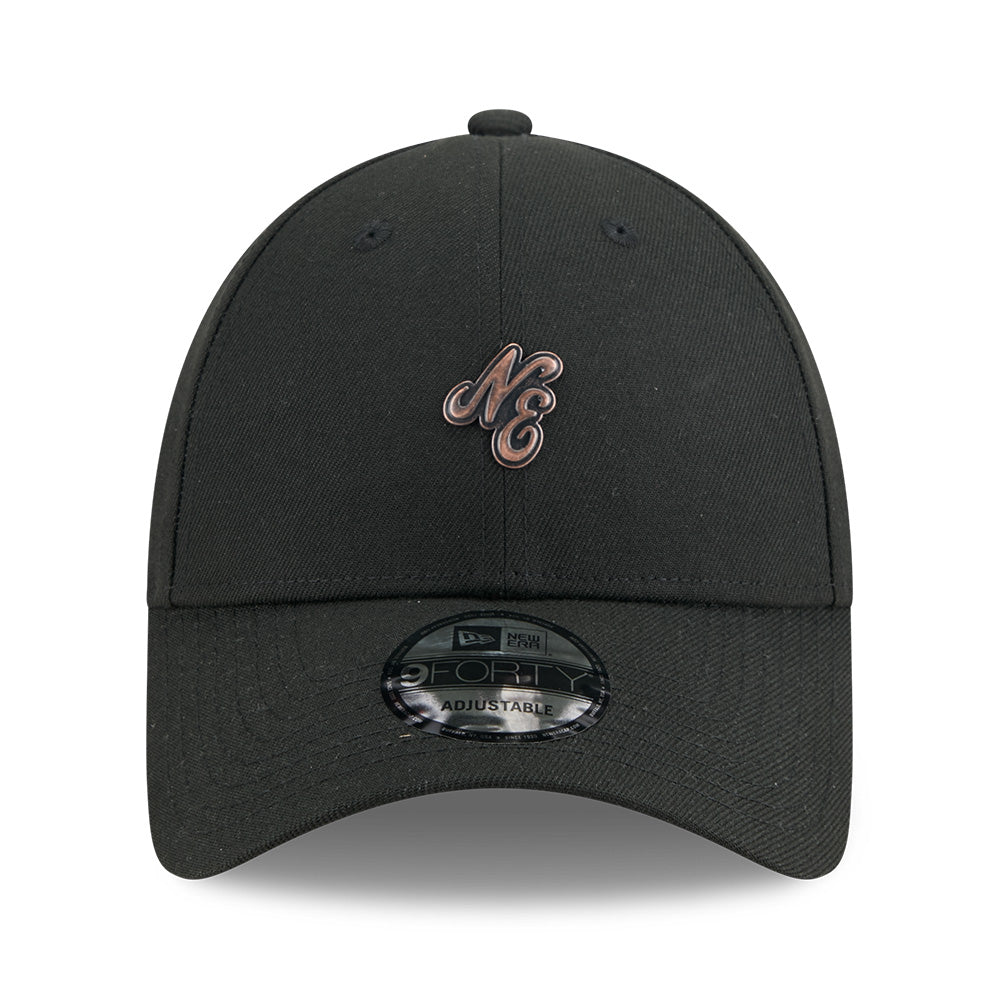 new era ne script metal bronze badge black 9forty unstructured adjustable cap logo and print