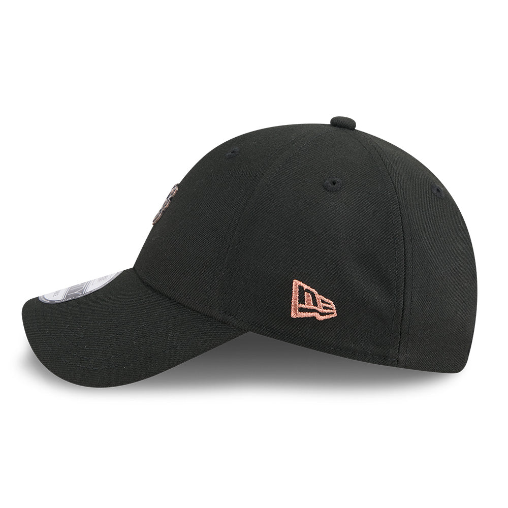 new era ne script metal bronze badge black 9forty unstructured adjustable cap opposite side or other angle view