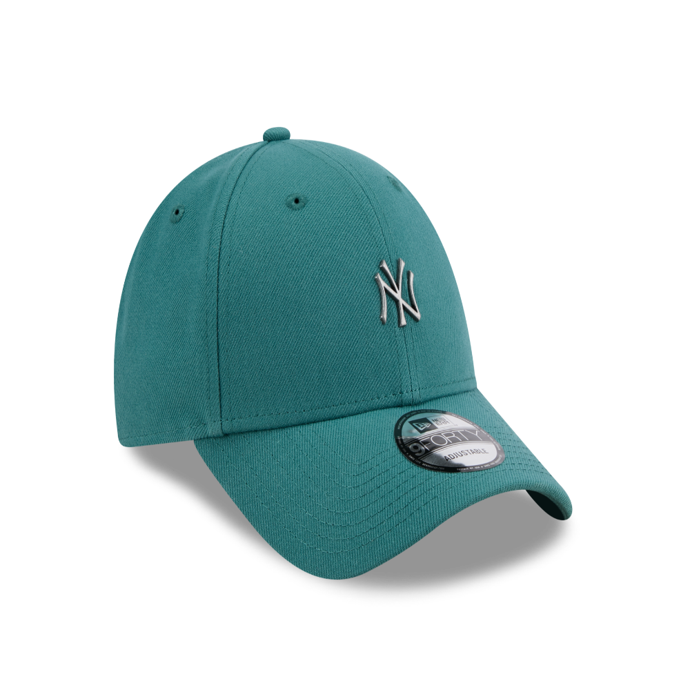 A teal New Era 9FORTY baseball cap featuring an embroidered silver and white New York Yankees logo on the front and a black and white New Era 9FORTY sticker on the curved brim, set against a plain white background.