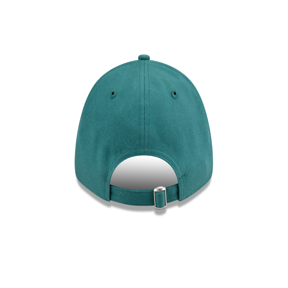 A teal baseball cap shown from the back, featuring a curved back strap with a silver metal slider buckle, photographed on a clean white background.