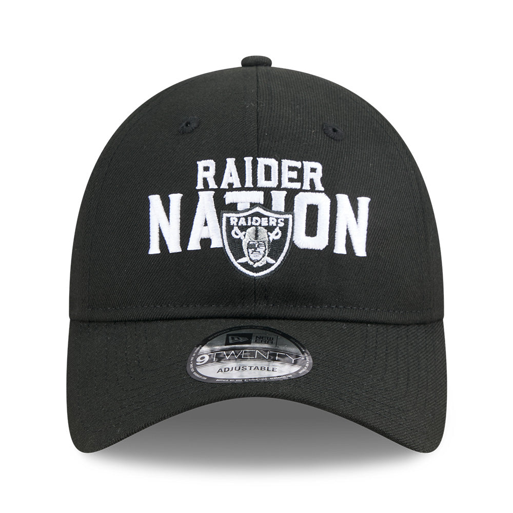 A black Oakland Raiders baseball cap with 'RAIDER NATION' and the Raiders logo embroidered in white on the front. A silver 9FIFTY brand sticker is visible on the brim, set against a plain white background.