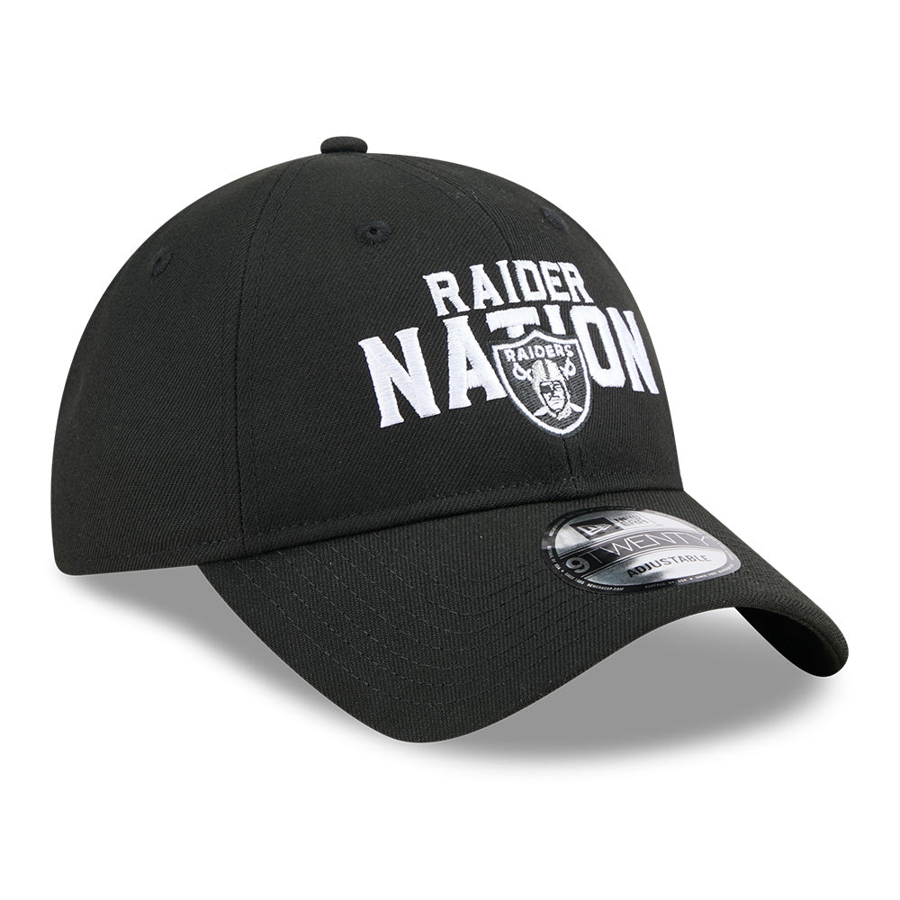 A black baseball cap featuring 'RAIDER NATION' and the Oakland Raiders logo in white on the front, with a New Era 9FORTY sticker on the brim, set against a plain white background.