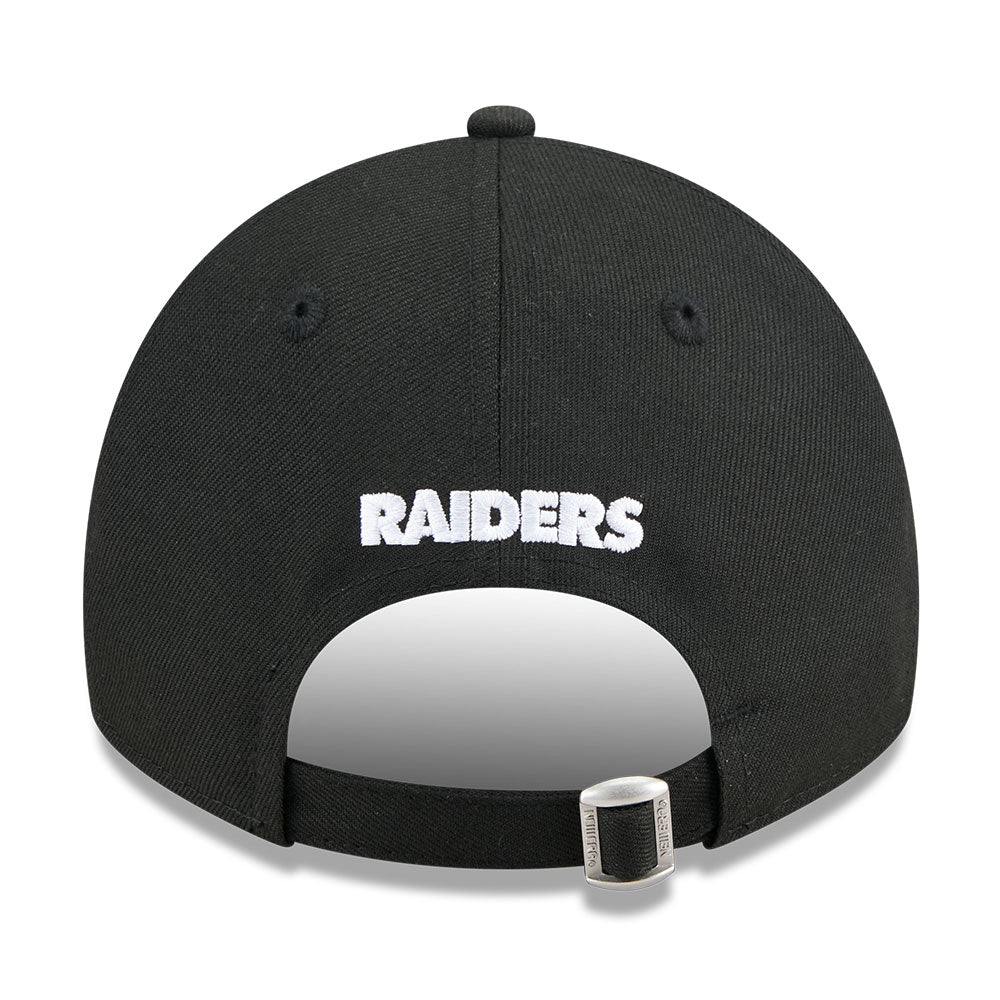 Black baseball cap with 'RAIDERS' embroidered in white across the front, shown from the back with an adjustable strap and silver metal slider on a white background.