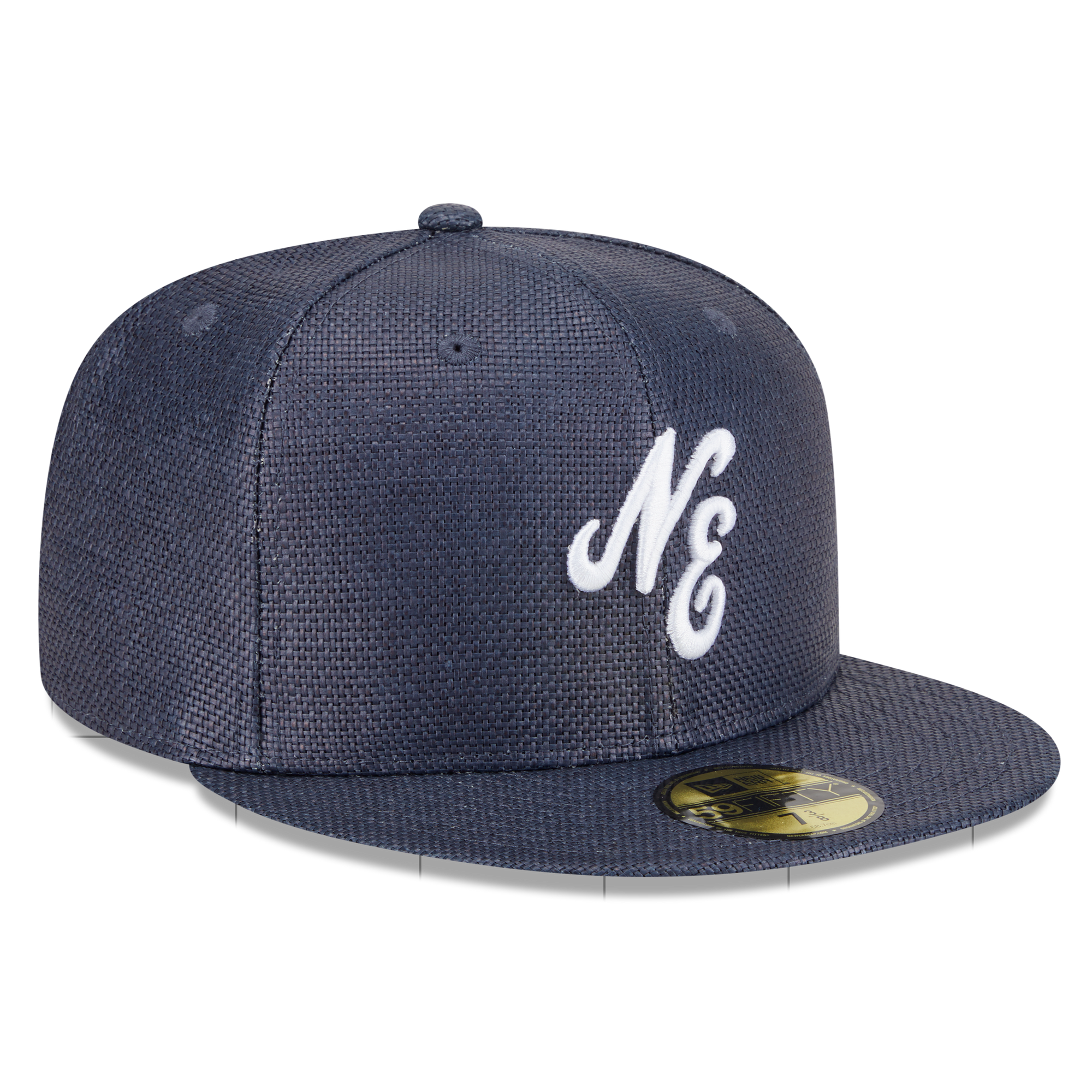 A navy blue New Era 59FIFTY fitted cap featuring a textured knit pattern, a white embroidered 'NE' logo on the front, and a gold sticker on the brim, set against a plain white background.