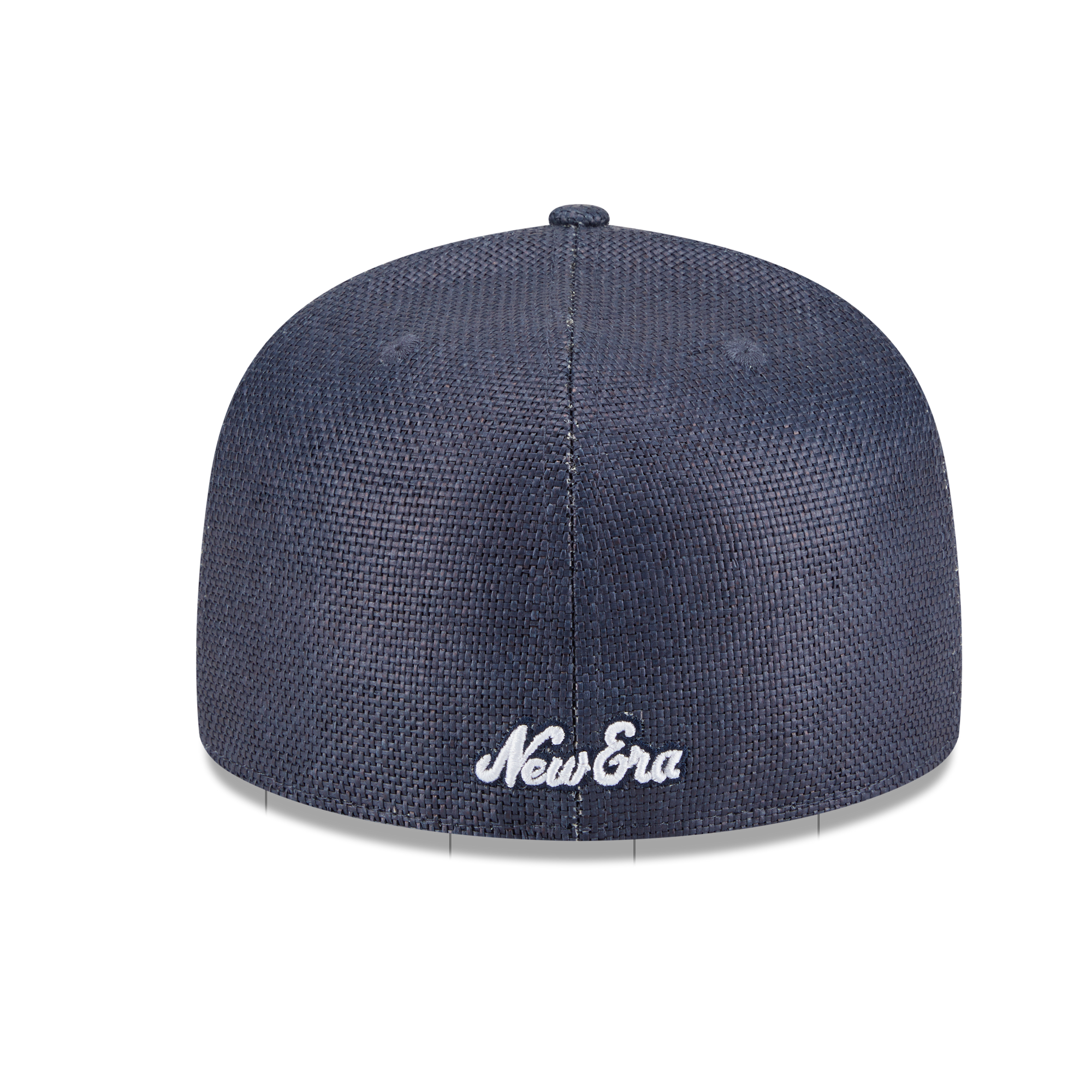 A navy blue New Era fitted cap with a textured mesh-like fabric crown and white embroidered 'New Era' script on the front, shown against a plain white background.