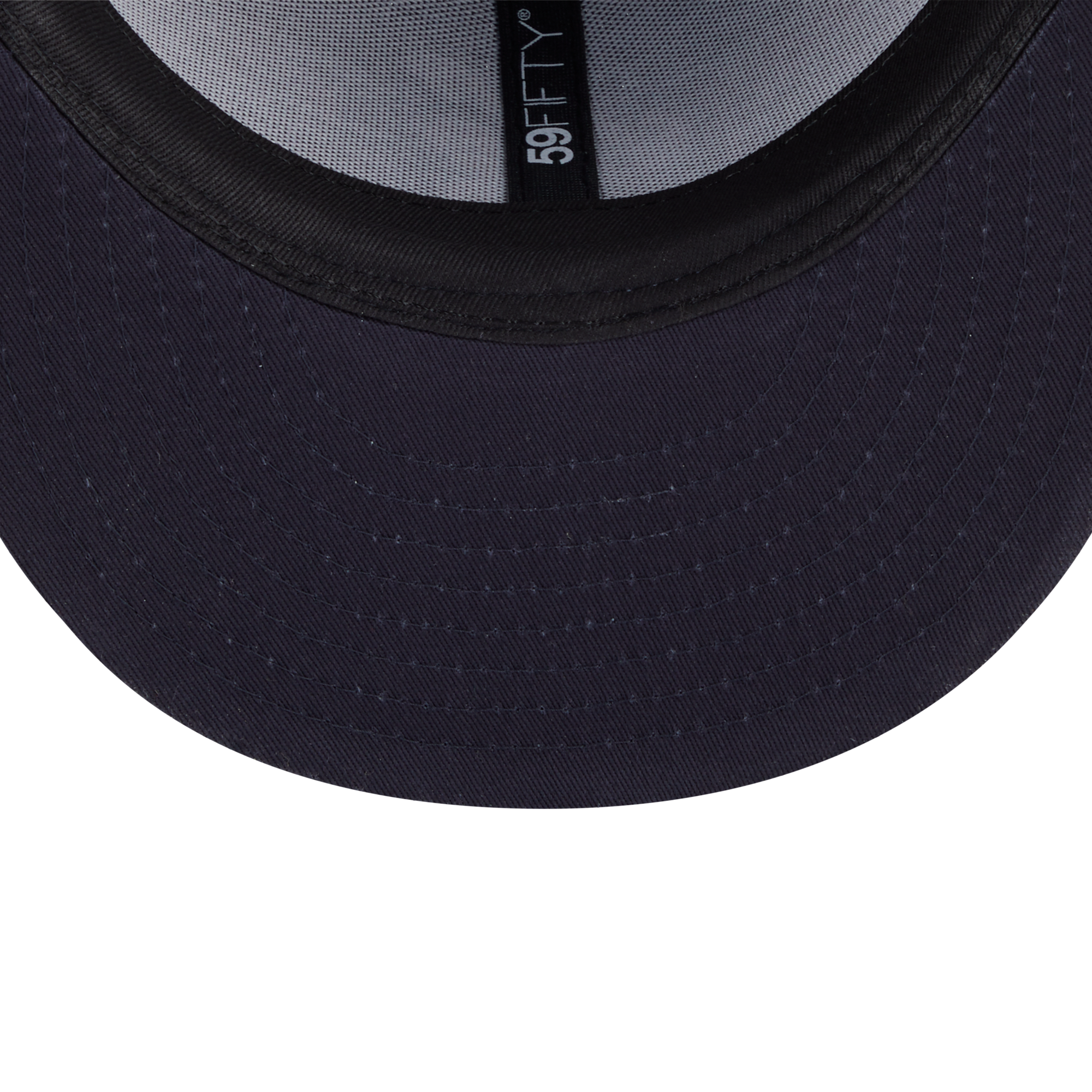 Close-up of the brim and inner crown of a dark navy trucker cap, showing the black fabric band, gray mesh back, and a black size tag with white '59FTY' branding.