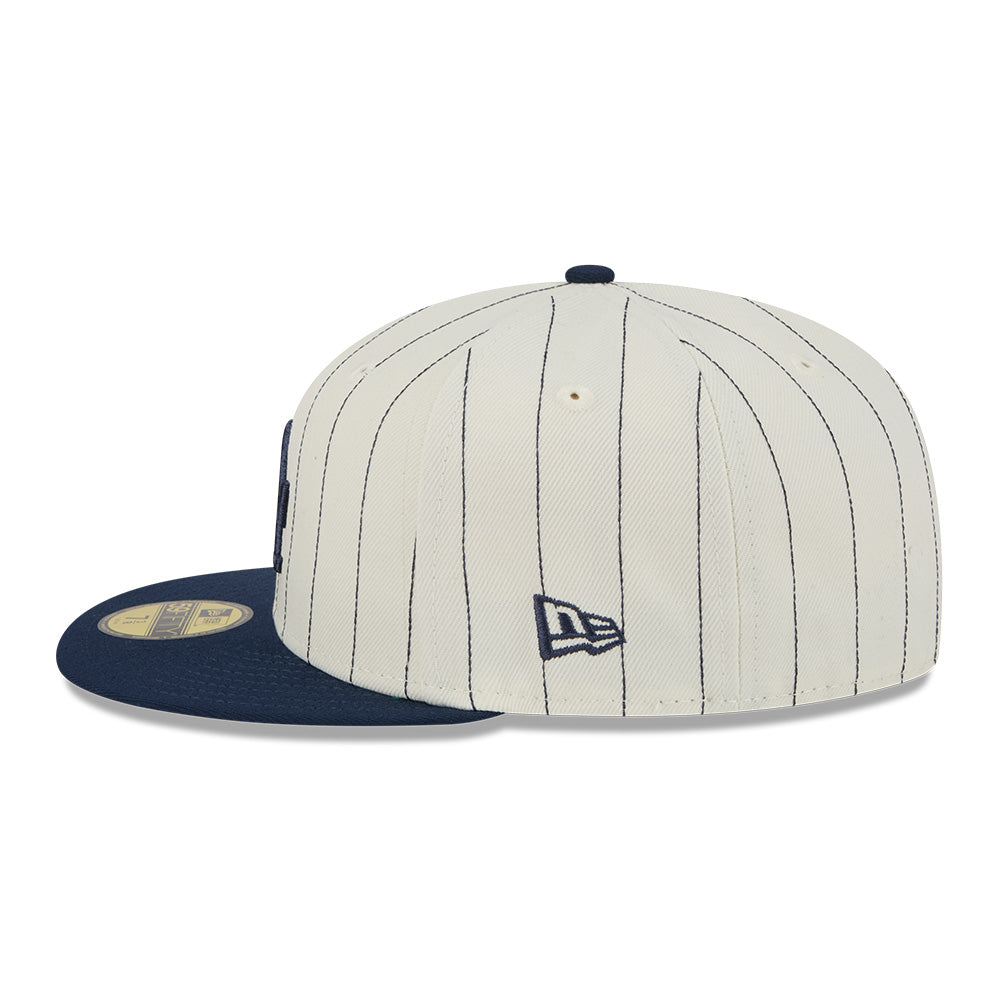 new era los angeles dodgers 5950 pack stripes chrome white 59fifty fitted cap featuring an off-white crown with thin navy pinstripes and a solid navy blue flat brim.