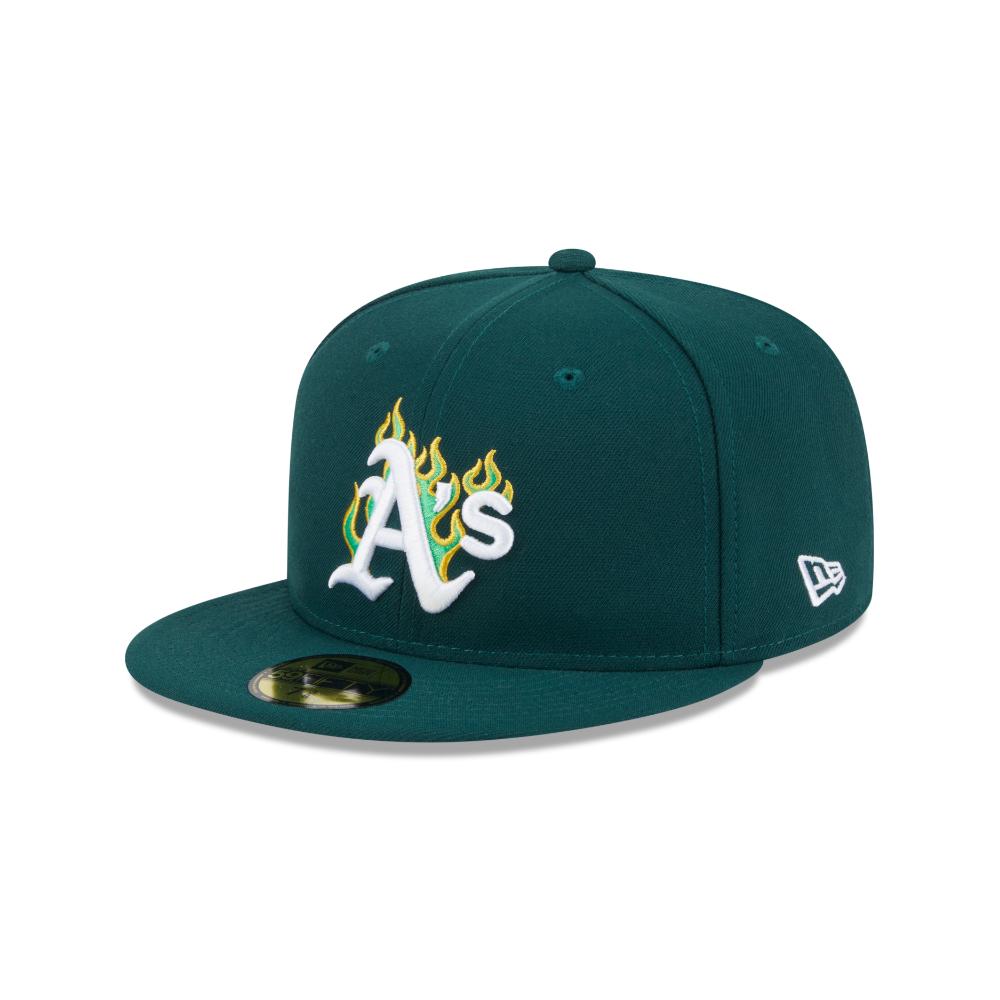 A dark green Oakland Athletics fitted baseball cap by New Era, featuring the team's 'A's' logo with yellow and green flames on the front and a white New Era logo on the side.