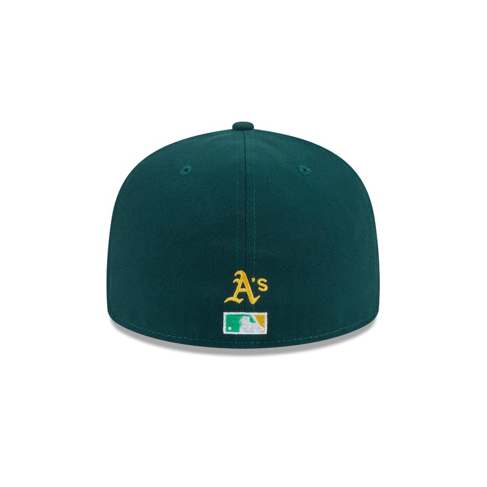 A dark green Oakland Athletics baseball cap with a gold embroidered 'A's' logo and a small MLB patch on the front, shown against a plain white background.