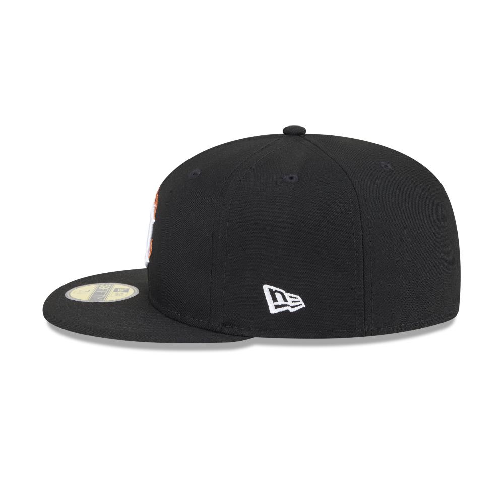 Black baseball cap with a white logo on a white background