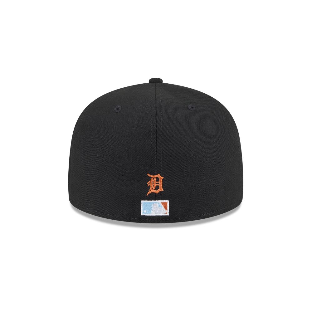 A black baseball cap featuring an embroidered orange Detroit Tigers 'D' logo on the front and a small blue and orange MLB patch below it, set against a plain white background.