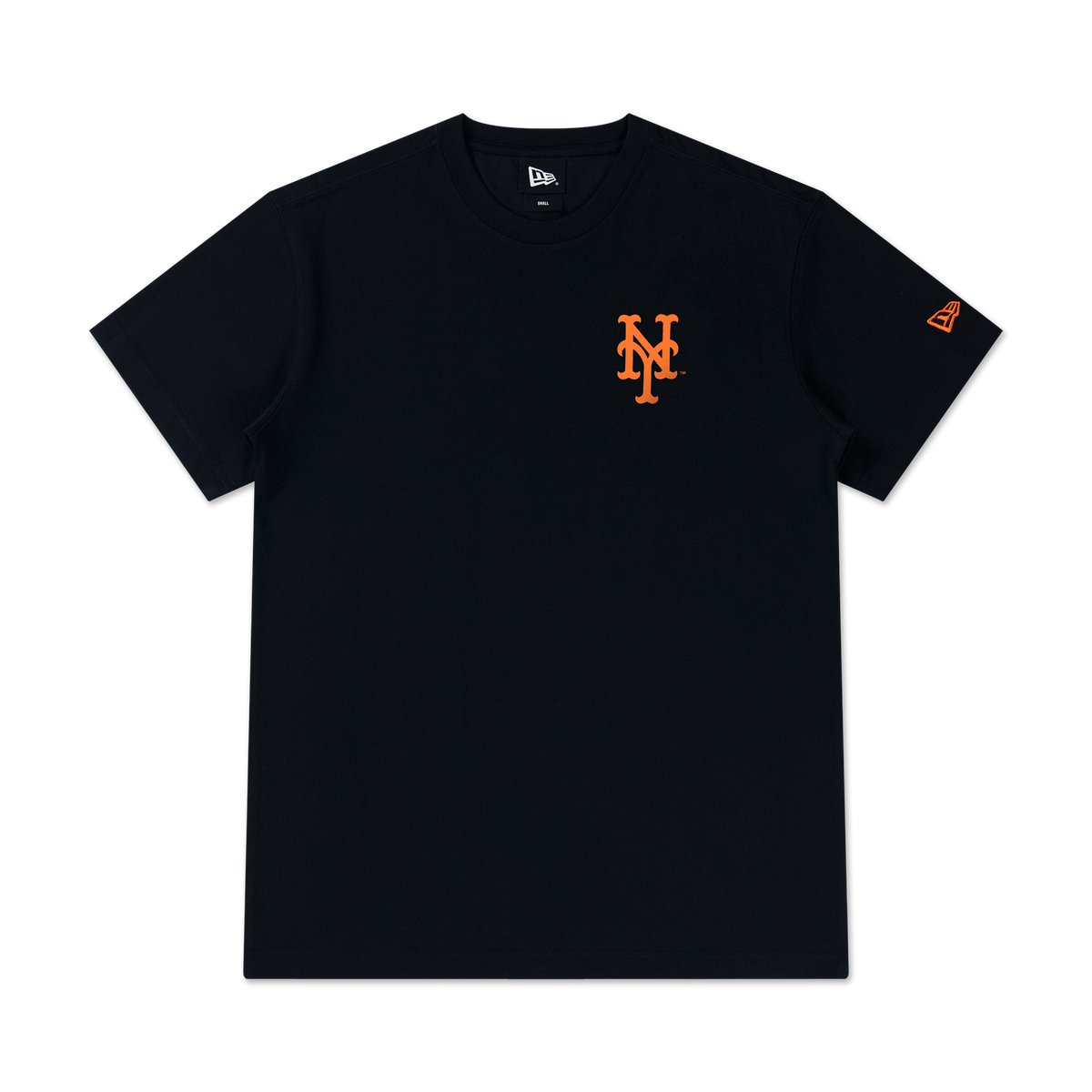 Black t-shirt with orange logo on a white background