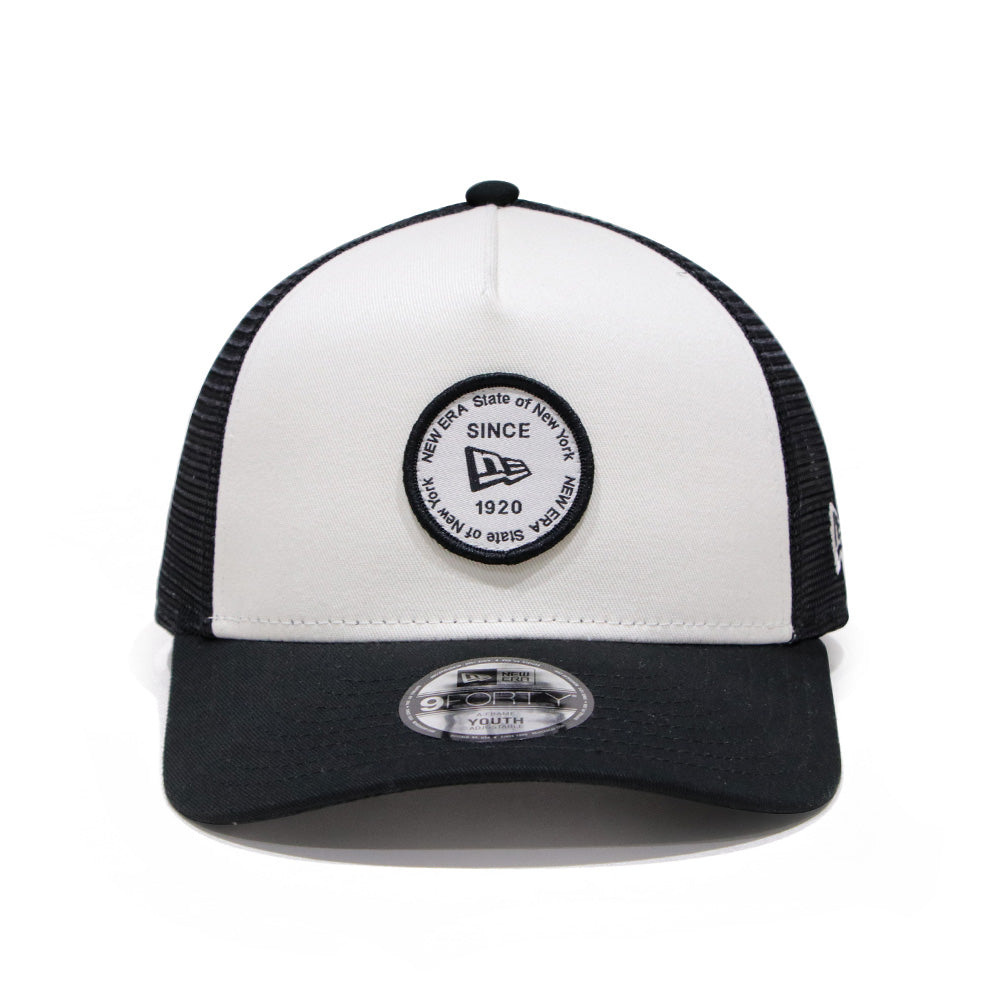 new era round patch chrome white black youth 9forty a frame trucker cap front and side